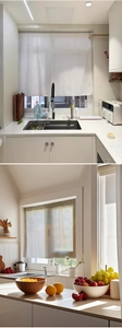 Detail of white blackout fabric and beige semi-sheer linen door curtain for kitchen