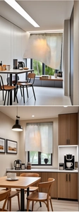 Detailed texture of Japanese linen door curtain hanging in a modern home kitchen
