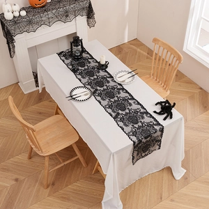 Halloween lace table runner and fireplace scarf set with skull and spider web designs