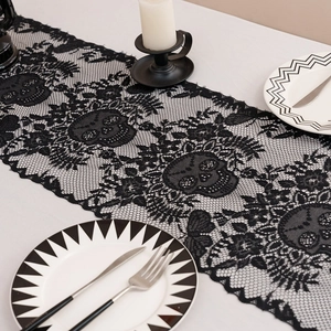 Halloween Black Lace Table Runner Hollow Out Gothic Skull Spider Web Pattern Decorative Tablecloth For Fireplace Party Home Decoration