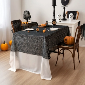 Halloween Black Lace Tablecloth Spider Web Ghost Hand Bats Pattern Rectangular Polyester Gothic Party Decor