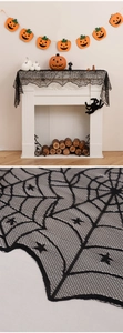 Macro detail of black lace spiderweb fabric showing fine mesh texture for Halloween decor