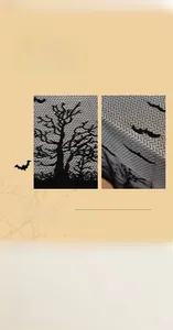 Detail of Halloween black lace tablecloth with bat and withered tree mesh patterns