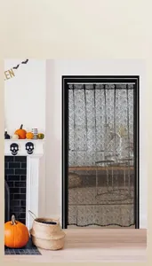 Lace Halloween door curtain with intricate spider web patterns for spooky home decoration