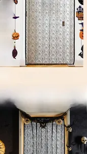 Close-up of thickened Halloween door curtain featuring black and white spider web patterns