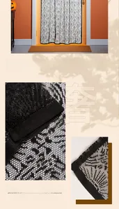 Detail of Halloween black lace curtain featuring spider web and skull patterns for decor