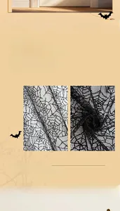Detailed texture of Halloween black lace web curtain with spider and skull patterns