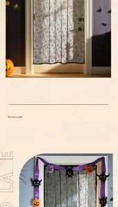 Detail of black spider web lace curtain with intricate Halloween mesh texture for door