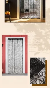 Detailed close-up of Halloween spider web lace door curtain with intricate mesh texture