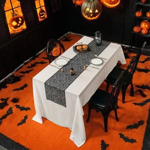 Halloween black lace spider web table runner and white tablecloth set for festive dining decor