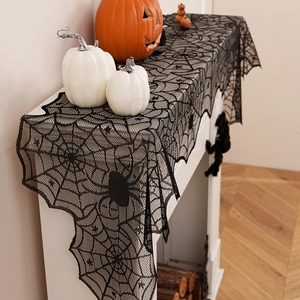 Halloween black lace spider web fireplace mantle scarf with pumpkins for party decor