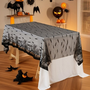 Halloween black lace tablecloth with bats and spooky tree silhouette for party decor