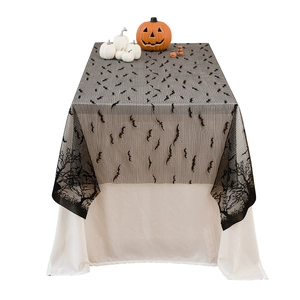 Halloween lace tablecloth with black bat print and spooky withered tree silhouettes