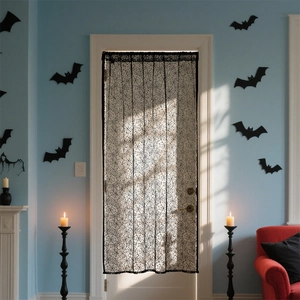 Black lace Halloween door curtain with spider web pattern for festive party decoration