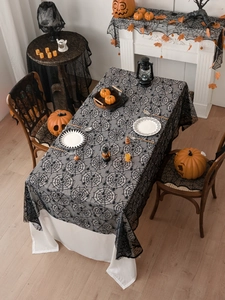 Halloween black lace spiderweb rectangular tablecloth and matching chair back decor set