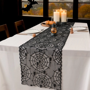 Halloween black lace spider web table runner with intricate hollow-out fireplace decor