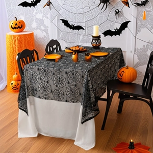 Halloween Tablecloth Black Lace Spider Web Ghost Hand Skull Pattern Festive Party Home Kitchen Dining Decoration