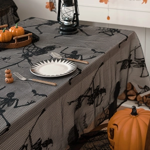 Halloween black lace tablecloth with skull bat and spider web patterns for party decor