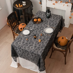 Halloween black lace spider web tablecloth set with chair covers and fireplace runner decor