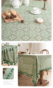 Close-up of light green lace tablecloth featuring vintage floral patterns and fringe edges