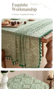 Detailed close-up of sage green lace tablecloth with intricate floral hollow crochet patterns