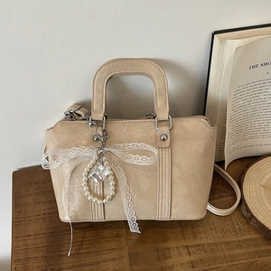 Women Retro Sweet PU Leather Bucket Bag Minimalist Crossbody Handbag With Bow Lace Artificial Pearl Pendant Small Bucket Bag For Women