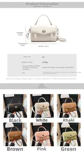 Diagrama detallado con dimensiones y seis opciones de color del bolso bandolera de piel sintética