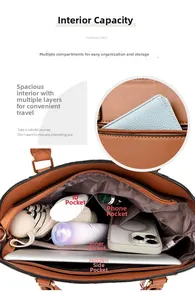 Interior of large brown tote bag showing multiple compartments and organized storage space