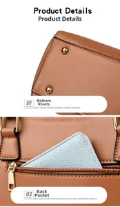 Detail of caramel leather tote bag with bottom metal rivets and rear zipper pocket