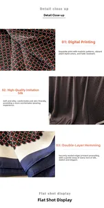 Detail view of geometric chain print on faux silk scarf with navy double-lock stitching