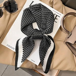 Elegant black and white silk scarf with interlocking ring patterns and solid borders