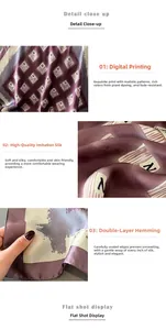 Detailed close-up of premium silk-like square scarf with digital print and double-stitched edges