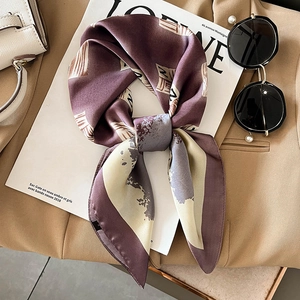 Elegant Women Faux Satin Small Square Scarf French Retro Letter Print Neckerchief Lightweight Satin Hair Band Accessory