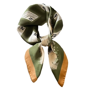Olive green silk-feel square scarf with Z letter print and striped patterns