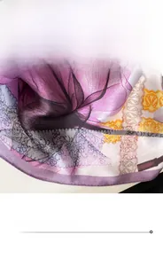 Detail of reinforced lock-edge stitching on purple floral silk scarf for women