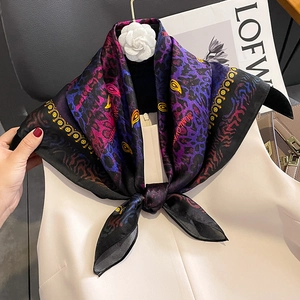 Mulberry Satin Square Scarf Gradient Purple Leopard Paisley Print Fashionable Elegant Lightweight Wrap For Women