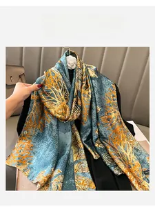 Detailed shot of teal and orange silk scarf featuring vintage coral patterns and soft texture