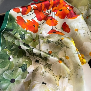 Floral print silk square scarf with red poppy and white daisy patterns in satin finish