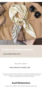 Detail of 70x70cm silky scarf with brown striped pattern and fashion styling