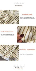 Detail of digital printed silk scarf with gold stripes and double-layered lock edges