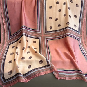 Pink and beige paisley silk scarf with satin finish and multi-color patchwork design