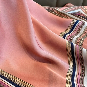 Pink orange silk scarf with cashew print and geometric stripe borders for women