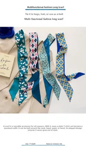 Détail de quatre foulards en soie à motifs suspendus sur un blazer beige, taille 7x130cm