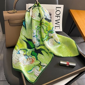 Foulard Carré En Satin De Mûrier Peinture À L Huile Artistique Van Gogh Imprimé Roses Vert Bandana Élégant Pour Femme
