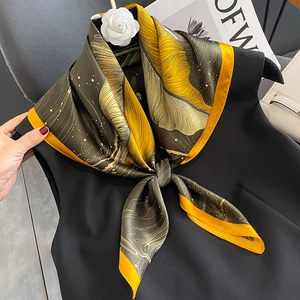 Silk square scarf with golden leaf vein patterns and white camellia flower decoration