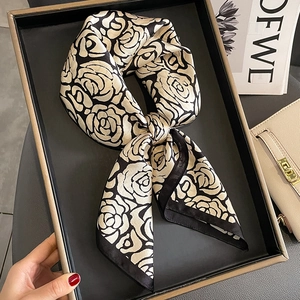Silk camellia flower square scarf with black and white floral print in a gift box