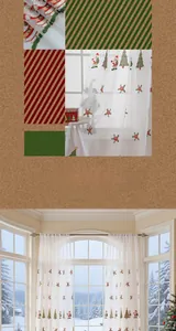 Detailed embroidery of Santa and Christmas trees on white translucent voile curtains