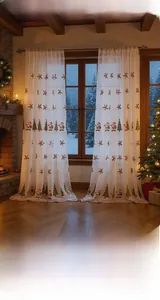 Detailed embroidery of Santa and Christmas trees on semi-transparent white holiday curtains