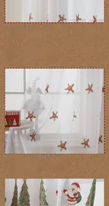 Detail of Christmas sheer curtain with embroidered Santa and festive holiday tree patterns