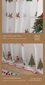 Detail of Christmas tree embroidery and red wavy edge on white semi-sheer holiday curtain